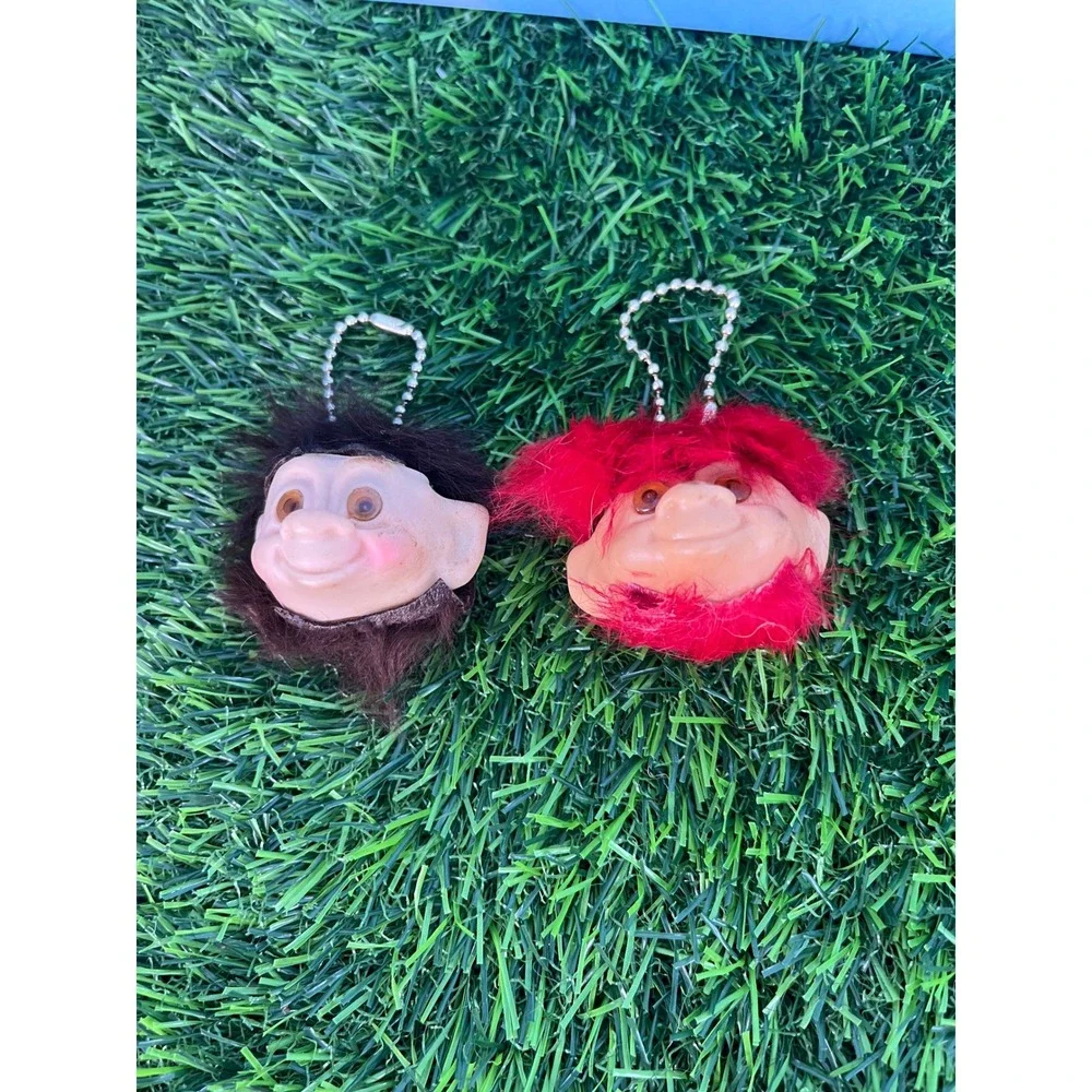 Vintage Troll Doll Head Keychains Set of 2 Brown and Red Hair Retro Novelty Toy